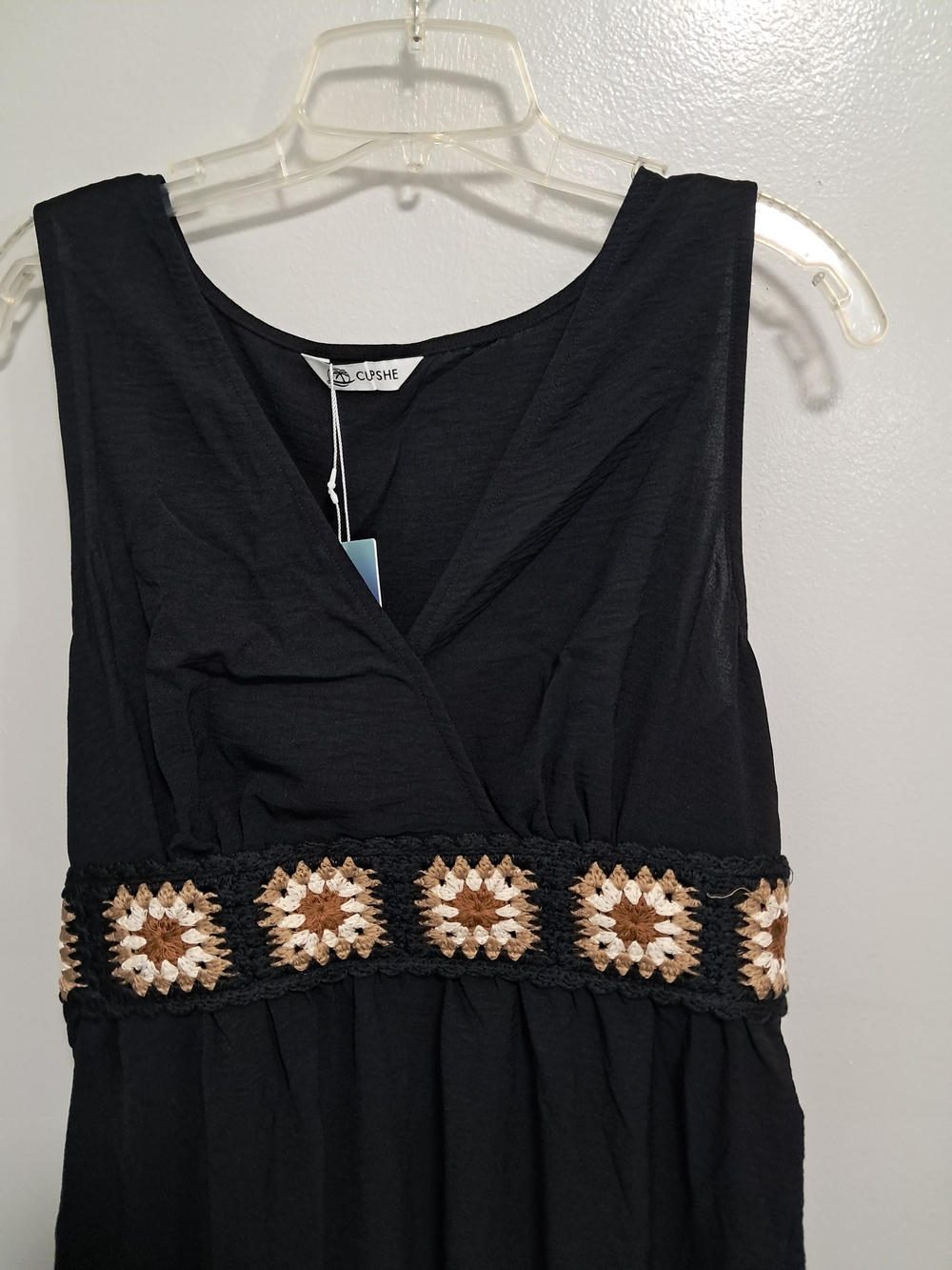 Cupshe Black Maxi Dress with Cream & Brown Crochet Elastic Waist MWT Sz XL Boho - Picture 5 of 12